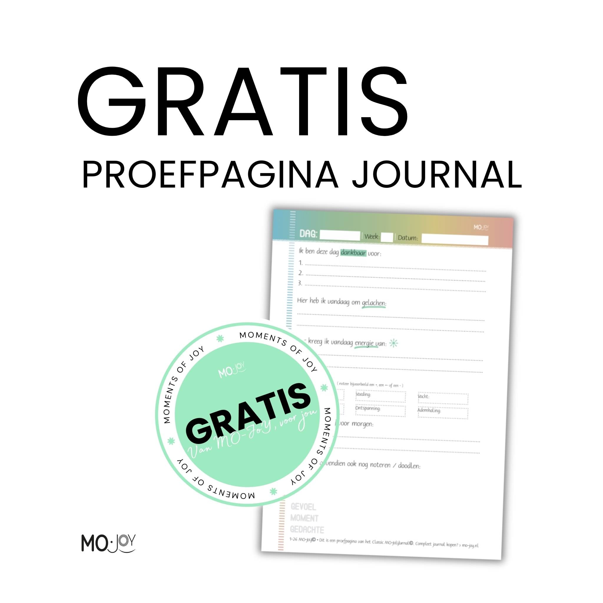 Gratis proefpagina van het MO‑JoY Journal – voorbeeld van schrijfoefeningen