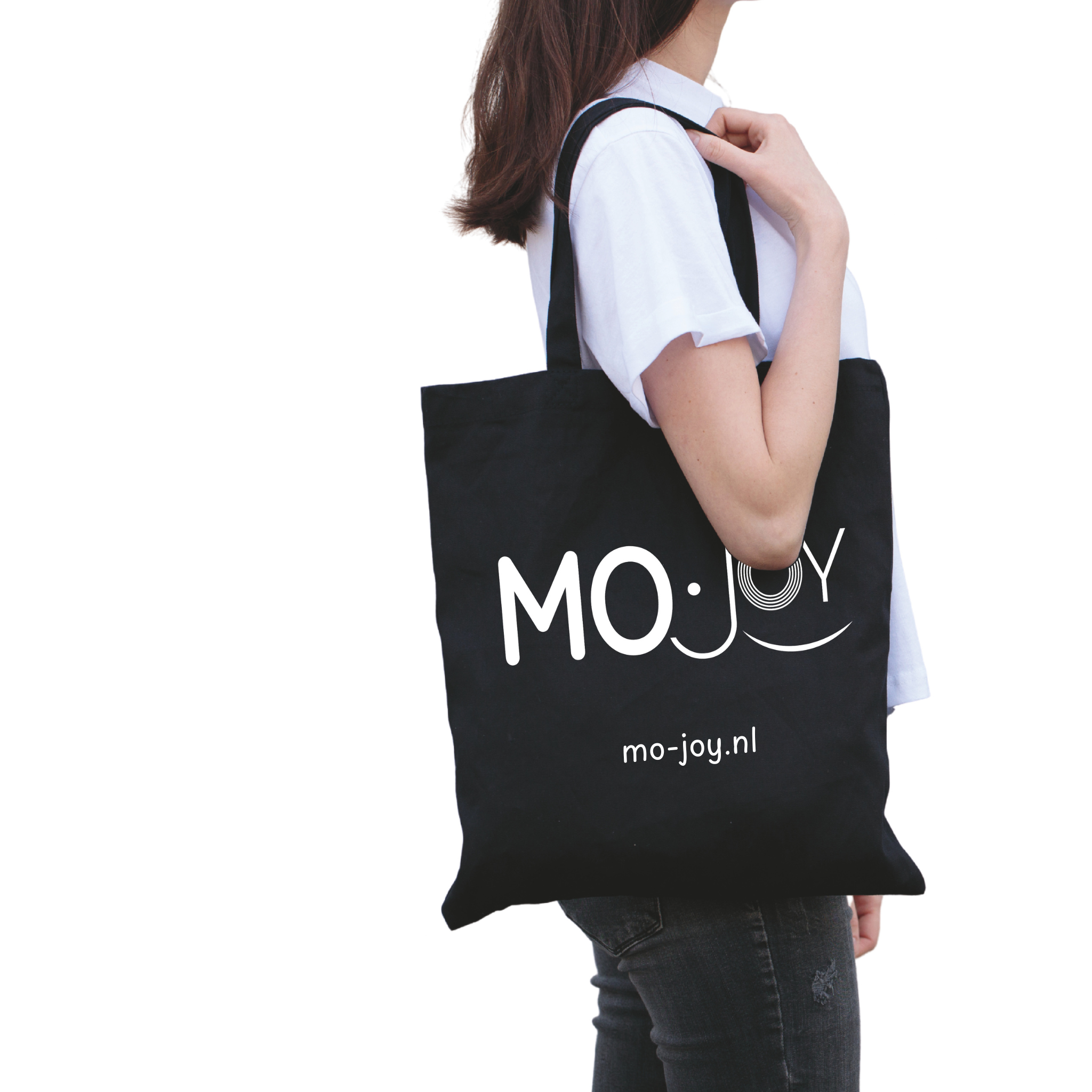 katoenen totebag zwart, stijlvolle schoudertas, cadeau voor vrouwen, duurzame tas met logo - koop nu op MO-JoY.nl

